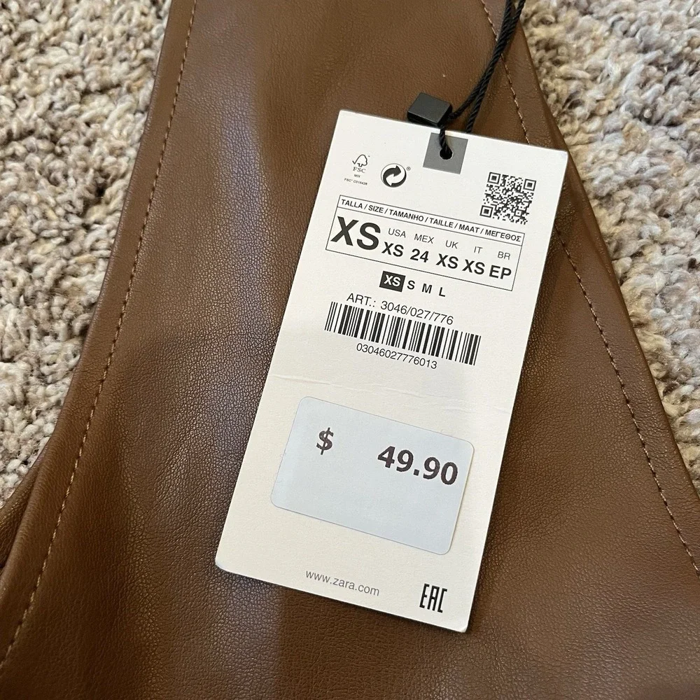 Zara Brown Faux Leather Pleated Strapless Pinafore Dress